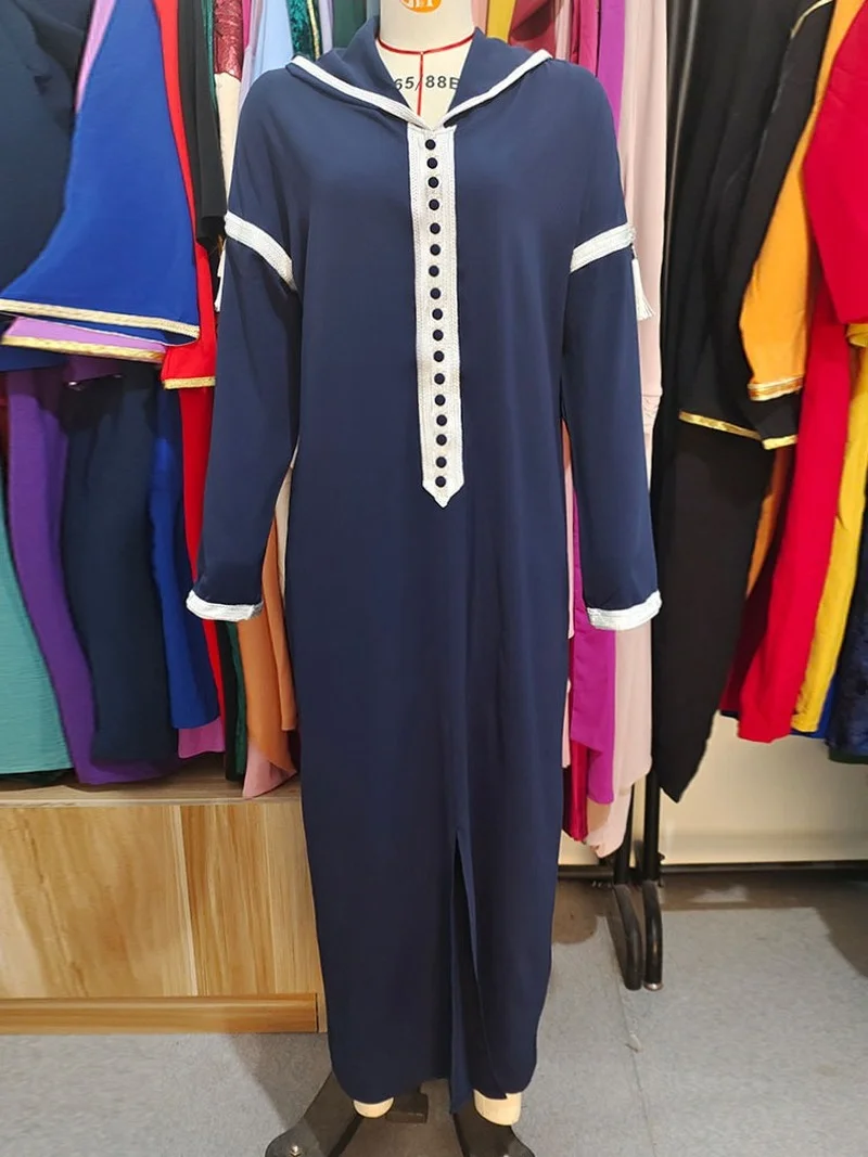Tassel Hooded Abaya Long Dress Women Gandoura Muslim Hijab Robe Islam Dubai Moroccan Kaftan Navy Blue Abayas 2022 Djellaba