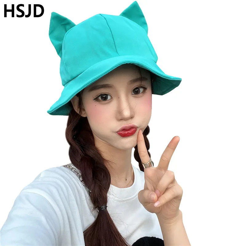 

Spring Cute Funny Cartoon Fox Ear Bucket Hat Summer Adult Women Wide Brim Foldable Sun Visor Cap Sunscreen Plain Cotton Sun Hats