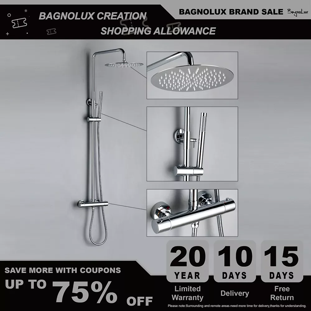 

Thermostat Shower Mixer Valve Set Bathroom Thermostatic Faucet Wall Mount Arm Diverter With Handheld Spray & Rain Head