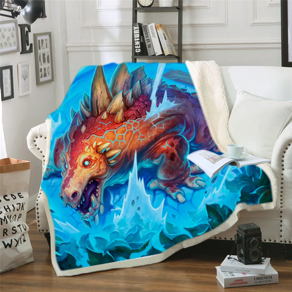 

Cartoon Flame Dinosaur 3D Sherpa Plush Throw Blankets For Beds Sofa Couch Home Quilt Nap Knee Cover Travel Picnic Fleece Blanket