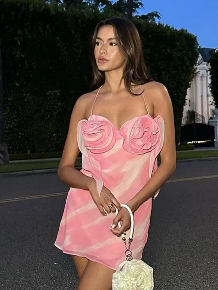 

Платье женское Сетчатое с оборками, пикантное модное мини-платье с открытыми плечами, лямкой на шее, шикарный стиль, лето