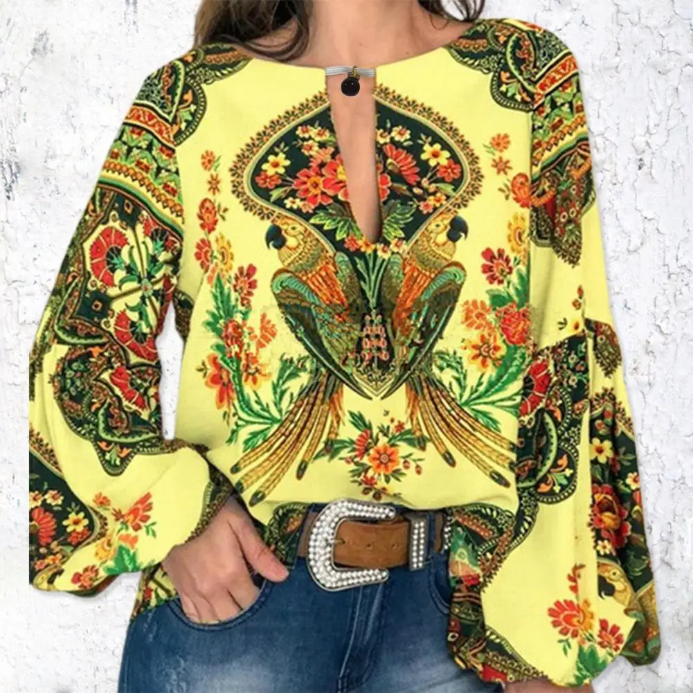 

Women Blouse Colorful Print Women Shirt Ethnic Style Round Neck Women Blouse