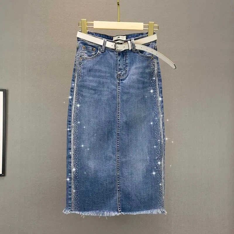 

Stylish Diamond Denim Skirt For Women's Clothing 2023 Spring Summer New High Waist Slim Wrap Hip Jeans Skirts BC440