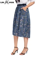 lih hua womens plus size denim skirt high elasticity slim fit printed dress casual woven skirt