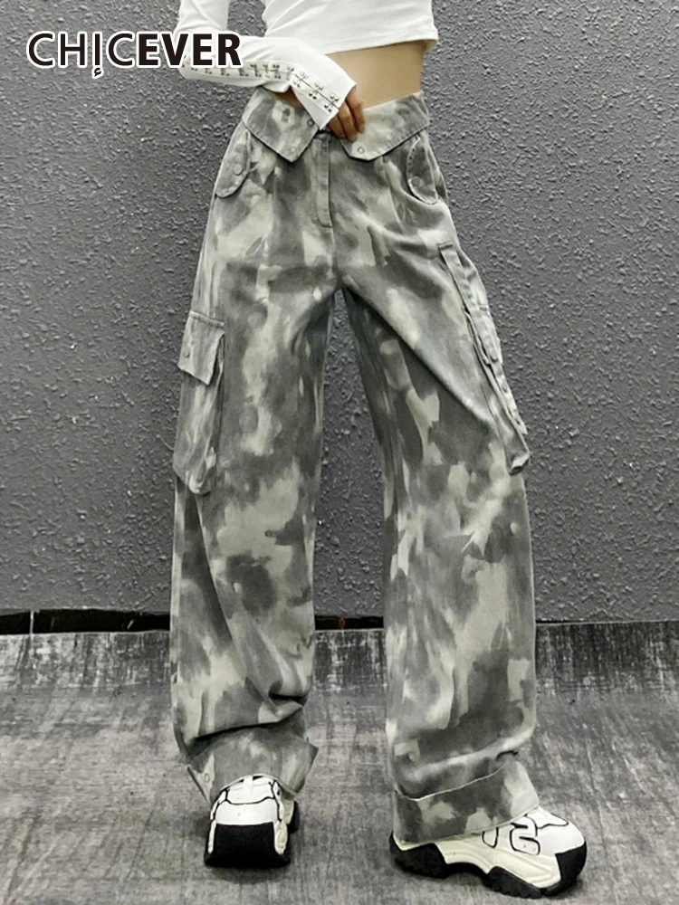 

CHICEVER Spring Camouflage Cargo Pants For Women High Waist Patchwork Pockets Fashion Loose Colorblock Trousers Female 2023 New