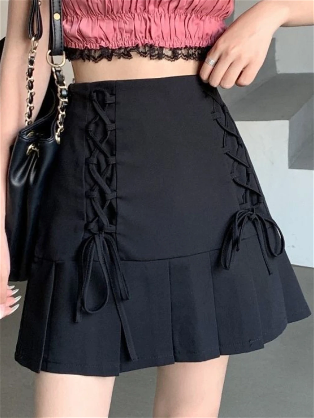 

Korean Fashion Pleated Skirt Women Kawaii High Waist A-line Summer Y2k Aesthetic Bandage Patchwork Preppy Style Mini Skirts