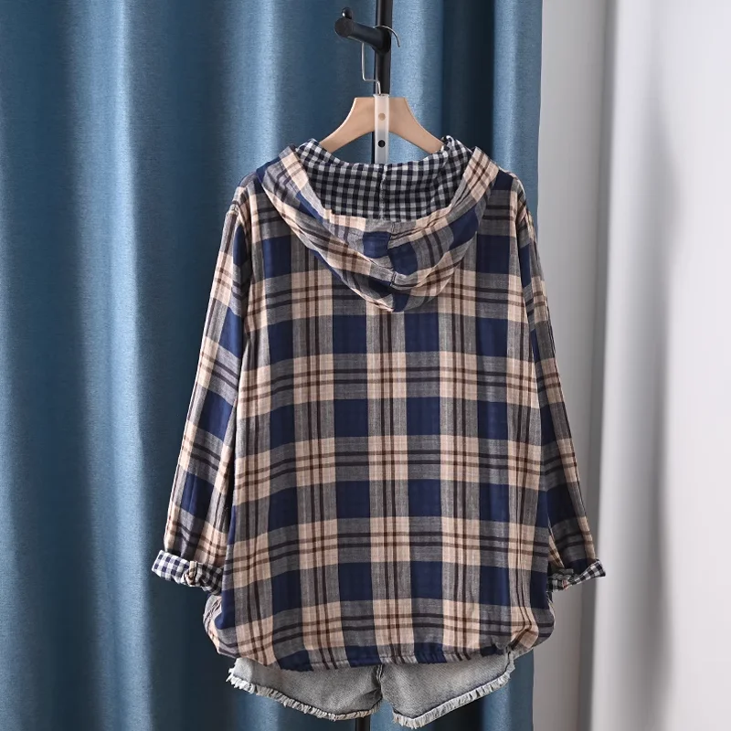 Блузка женская клетчатая из 100% хлопка с длинным рукавом и капюшоном