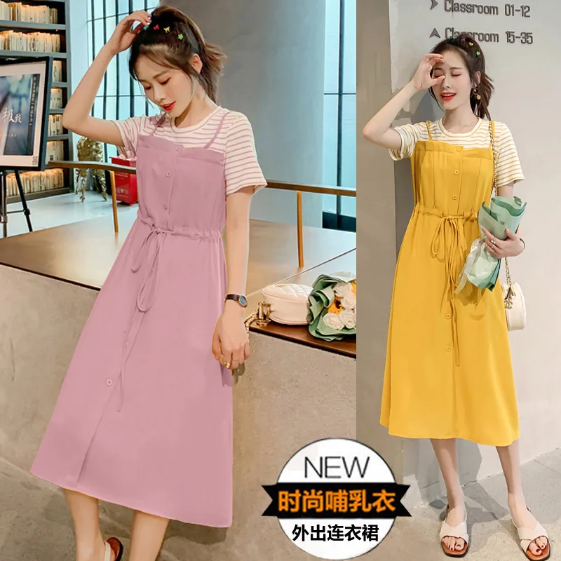 

Lactation Dresses Summer Maternity Stripe Patchwork High Waist Nursing Dress for Pregnant Women Postpartum Clothing