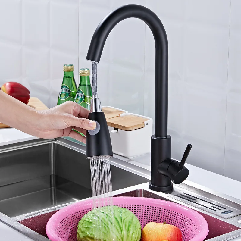 

2023 Kitchen black stainless steel pull-out faucet double outlet hot and cold water washbasin sink telescopic pull-out faucet