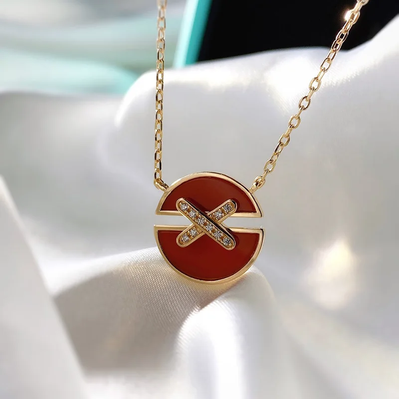 

High Quality 925 Sterling Silver Round Edge Necklace Delicate Natural Mother Of Pearl Red Stone For Fashion Women Jewelry LN077