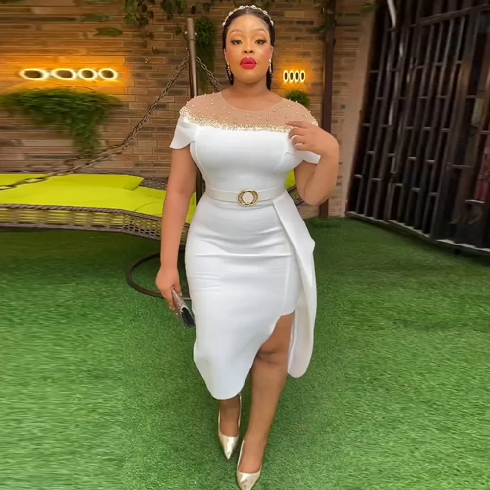 

African Dresses For Women Short Sleeve Turkey Diamonds Evening Wedding Party Mid-Calf Length Dress Muslim Africa Clothes 2023