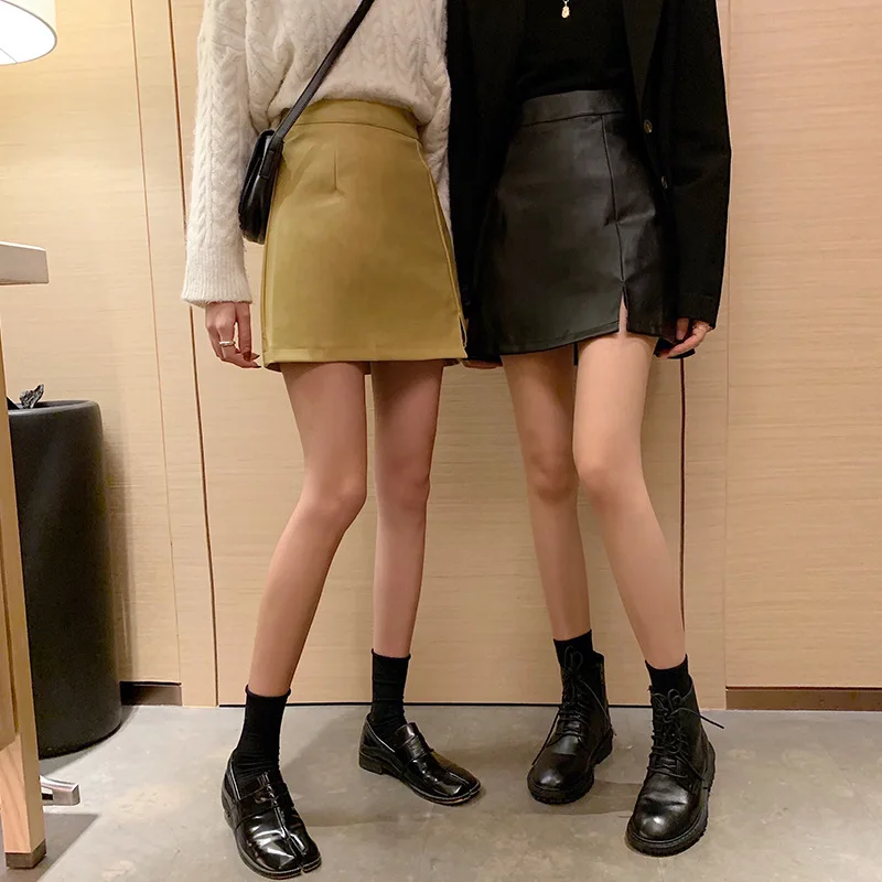 Шикарная Осенняя Новая черная юбка из искусственной кожи Женская мини-юбка