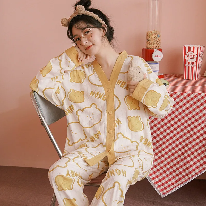 Women's pajamas, spring and autumn cotton long suit, household clothes, collarless cardigan, lovely style, can be worn outside