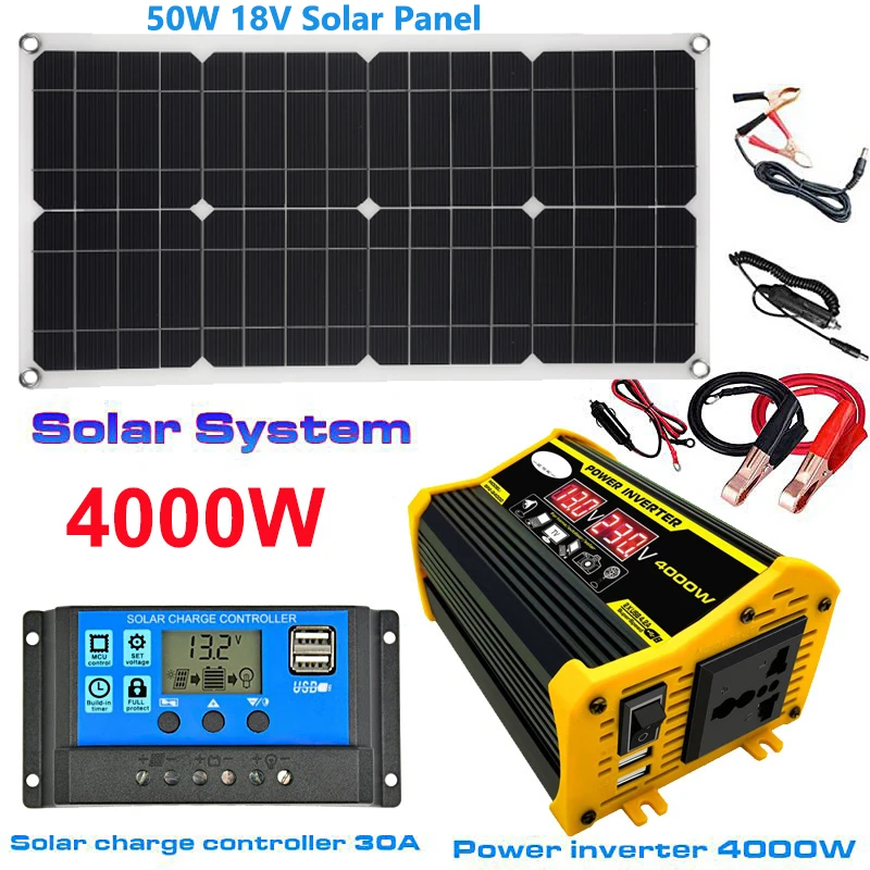 

Система генерации солнечной энергии 12 В до 220 В, инвертор 4000 Вт, солнечная панель 50 Вт, контроллер заряда 30 А, комплект электрогенератора 110 В/220 В