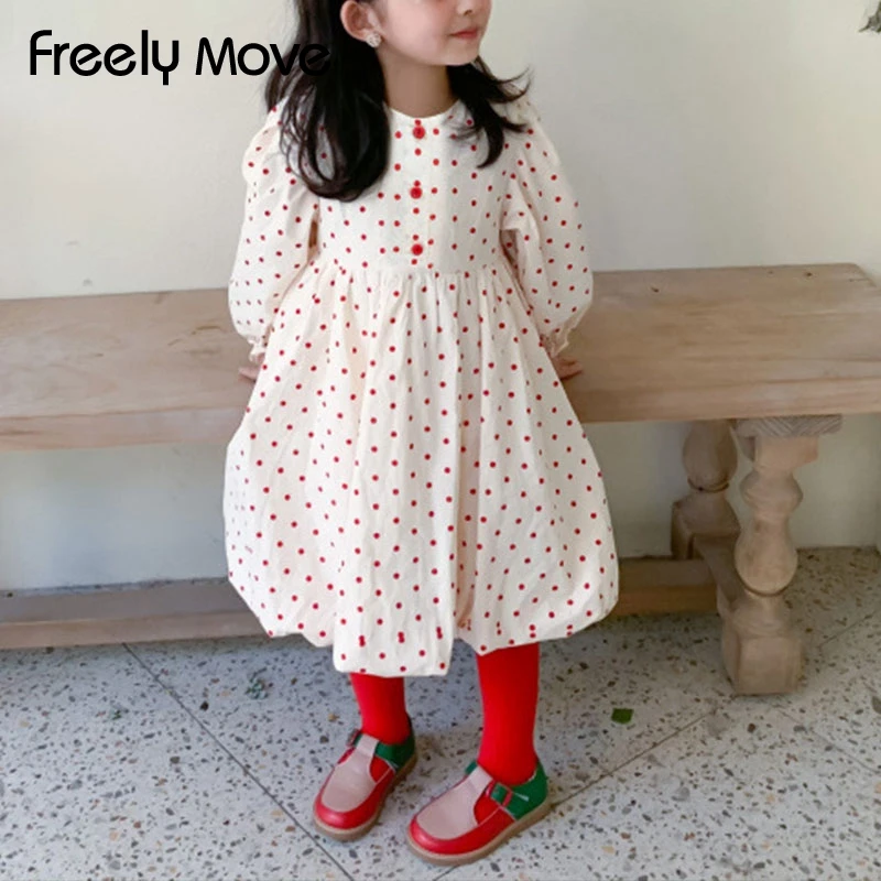 

Freely Move Girls Casual Dresses 2022 Spring Summer Kids Dot Print Button Costumes Cotton Party Birthday Princess Vestidos 2-6Y