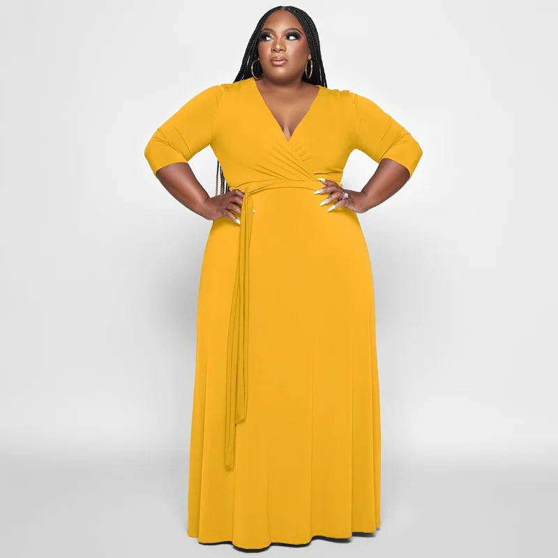 

Plus Size Solid Loose Long Dress for Women V Neck Lace Up Casual Vestidos Streetwear Fashion Robes Party Dresses Female Robes