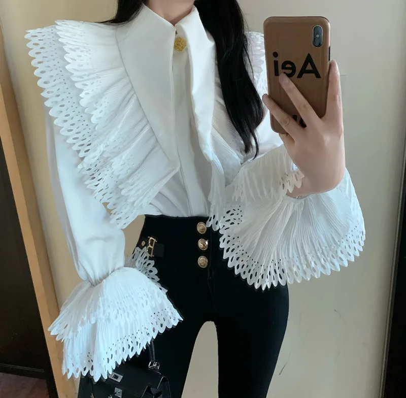 

2022 New Fashion Korean Chic Lace Ruffled Blouses Women Autumn Sweet Loose Clothes Stand Collat Ladies Vintage Shirts Women