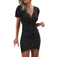 2022 summer dress women sexy casual mini dresses ladies solid color deep v neck chest short sleeve bodycon dress