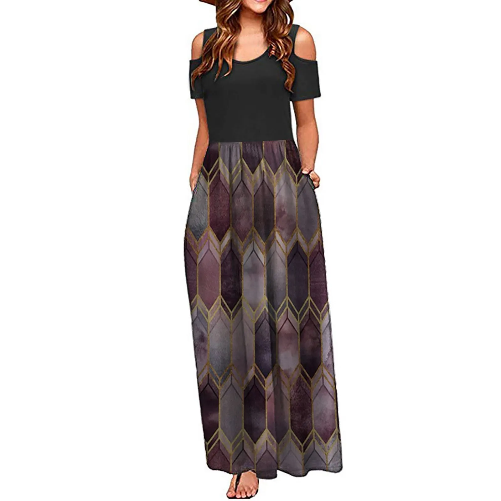 

Floral Dress Maxi Print Short Shoulder Women' Elegant Casual Sleeve Pocket Cold Women's Dress