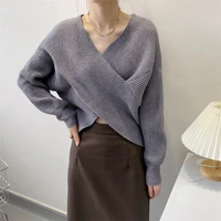 new 2022 women pullover sweater cross over design short sweater autumn long sleeve elastic korean sweater solid color top jumper