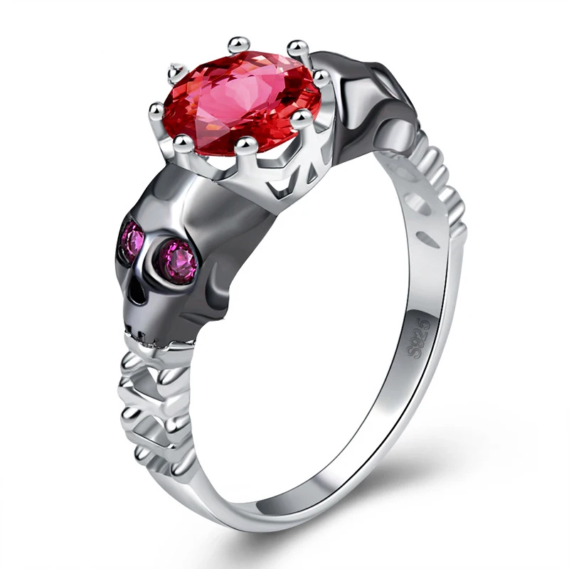 

HOYON s925 Stamp Personality Bone Ruby Ring for Women Jewelry Fashion Skull Punk Red Steel Jade Female Ring