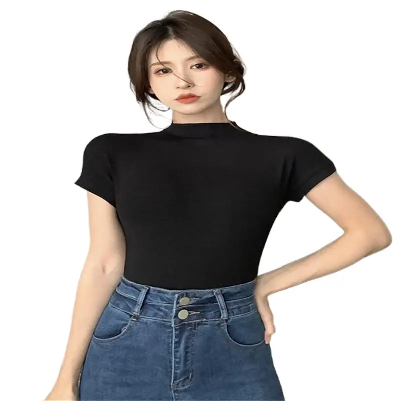

Summer Female Knitted Cotton Inverted Turtleneck Crop Top Sheathy Raglan Short Sleeve Breathable Undershirts Solid Blouses