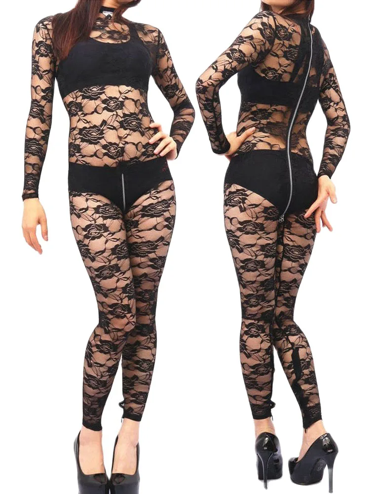 

Rose Print Lace See Through Catsuit Long Sleeve Back Zipper Open Crotch Bodysuit Tights Sexy Leotard Jumpusit Unitard Conjoined