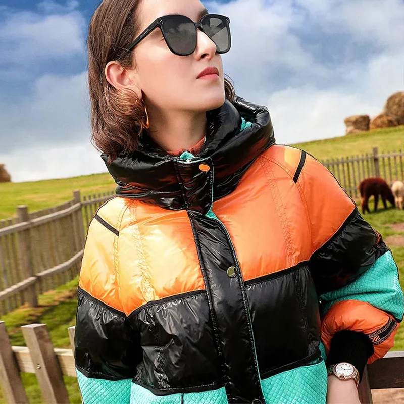 Winter Fashion Goose Down Jackets Women 2022 New Long Hooded Candy Color Mosaic Tide Loose Thick Warm Temperament Coats Female