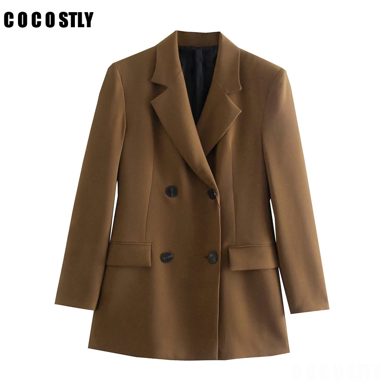 

Женский двубортный блейзер с карманами, облегающий пиджак с длинными рукавами и откидными карманами, верхняя одежда, 2022