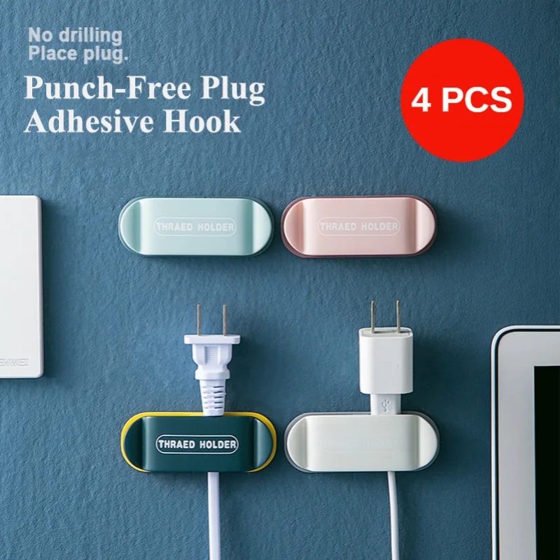 

2/4PC Thraed Holder Punch Free Plug Adhesive Hook Wire Regulator Wall Mounted Kitchen Storage Organizer Rack Cable Retainer Clip