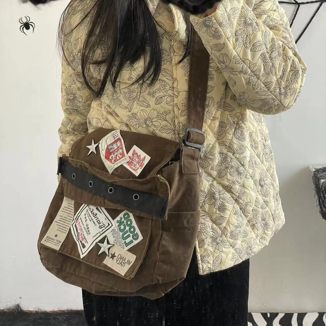 Y2K Vintage Denim Gothic Brown Denim Ladies Tote Shoulder Bags E-girls Student Large Capacity Messenger Bag Handbags for Womem