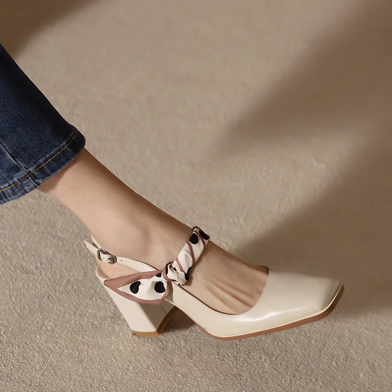 

Summer Pumps Slingback Shoes Retro Style High Heel Elegant Women Sandal Square Toe Spring Atumn Cow Leather talon femme