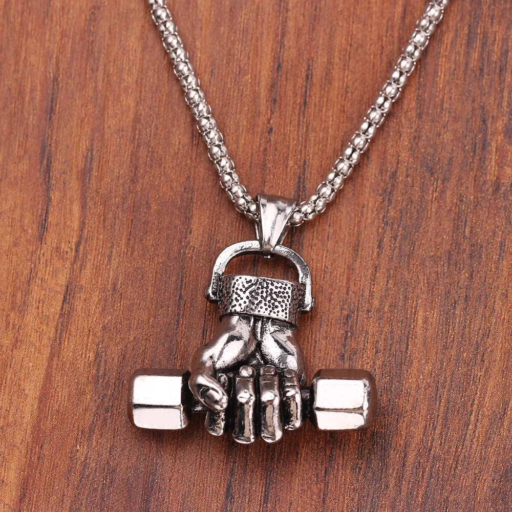 

Gothic Punk Fist Dumbbell Pendant Necklace Hip Hop Men Long Chain Fashion Trendy Necklaces Sports Jewelry Gifts