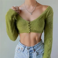 spring chic long sleeve elegant mohair women tops cropped sexy club party button up green t shirts y2k streetwear
