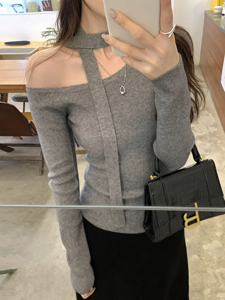 Black Oblique Collar off-the-Shoulder Knit Women Autumn and Winter Design Ribbon Hanging Neck Slim fit Inner wear Short off-S...