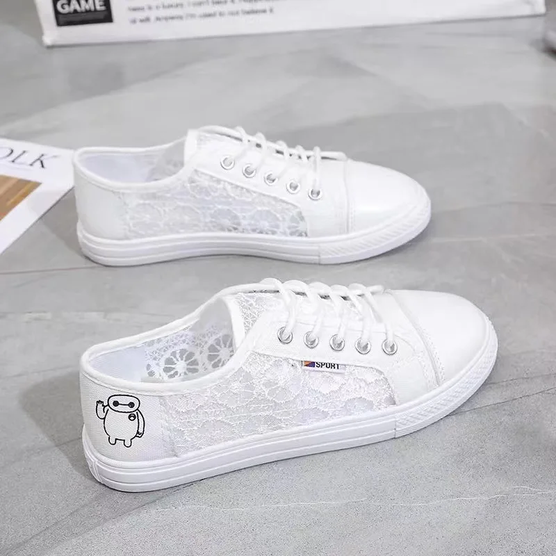 Summer New Women's Casual Board Shoes Lace Design Breathable Comfortable Non-slip Sole Office Student Mesh Flats