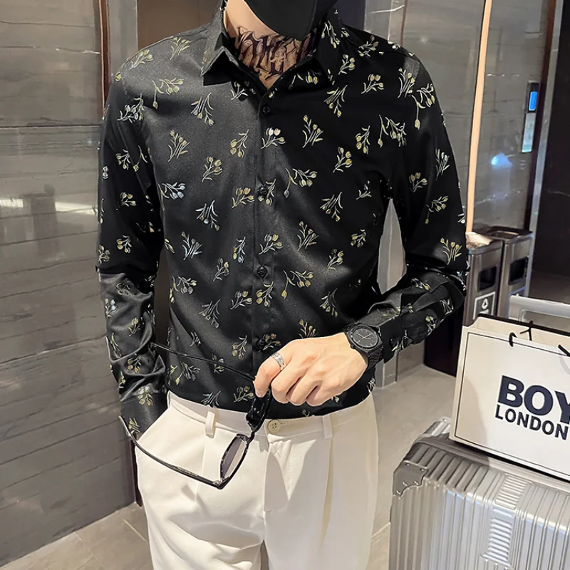 2022 Flower Men's Shirts Autumn Slim Fit Casual Business Formal Dress Shirt Fashion Social Streetwear Tuxedo Blouse Men Clothing