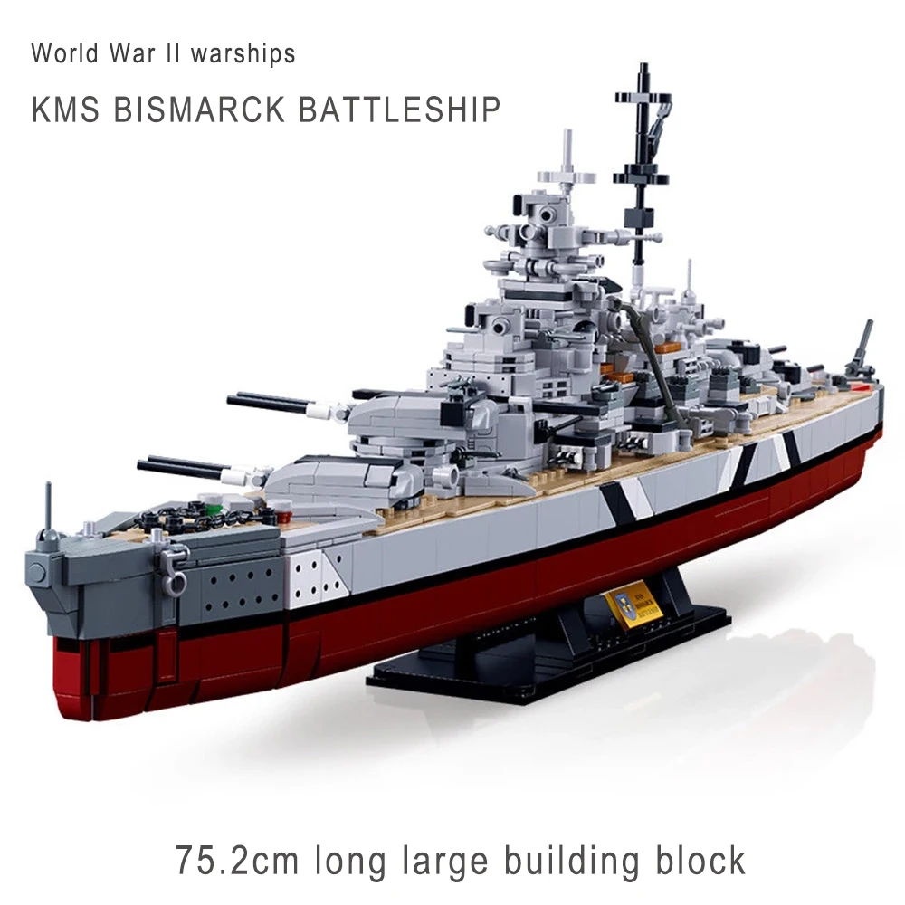WW2 Germany Navy Warships Building Blocks KMS Bismarck Battleship Model Kit Soldier Weapon Boat Bricks Kids Military Toys Set