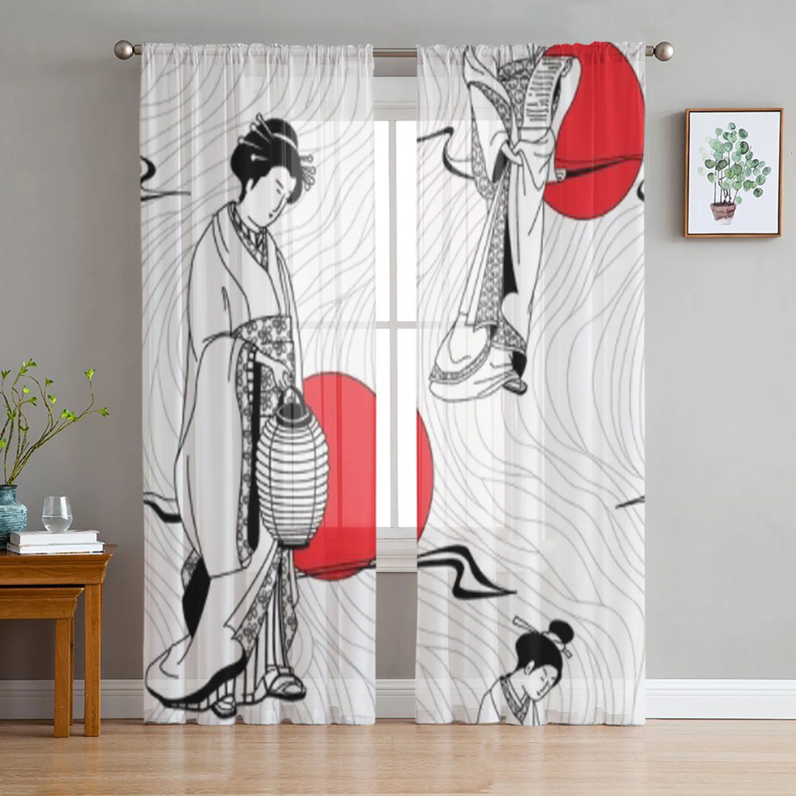 

Японские бесшовные шторы Geisha Girl с рисунком, занавески для эркера, вуаль из органзы, драпировка, прозрачный тюль для гостиной, спальни