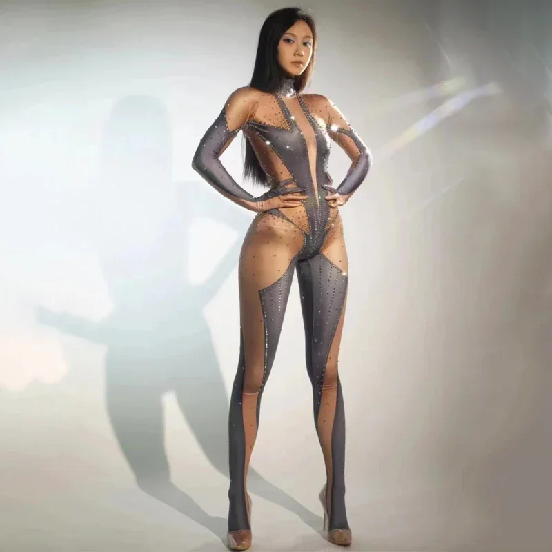 Блестящий серый красный комбинезон со стразами перчатки женская одежда для