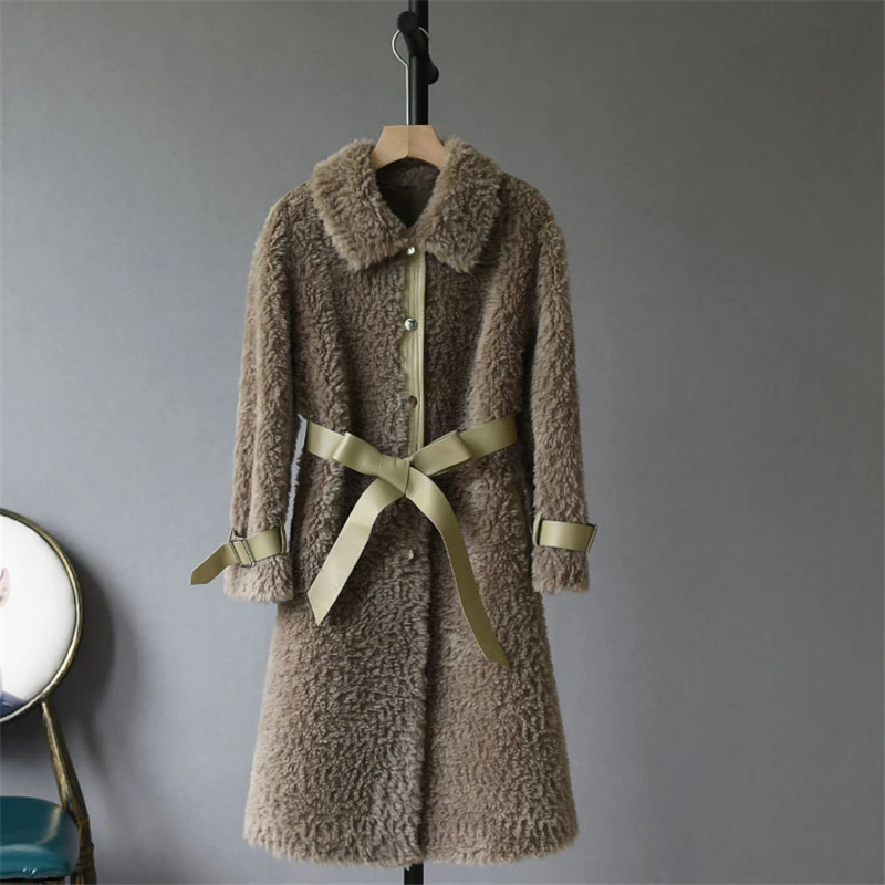 Women Jacket Long Winter 100% Wool Coat With Real Sheepskin Leather Belt Casual Ladies Overcoat Keep Warm