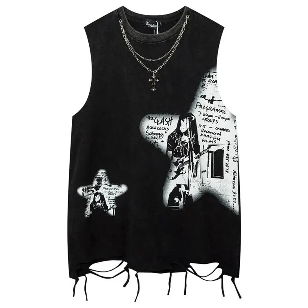 

Summer Men Washed Sleeveless Tshirt Top Hip Hop Print Punk Gothic Vests Streetwear Harajuku Cotton Tank Tops Y2k Fringed Vintage