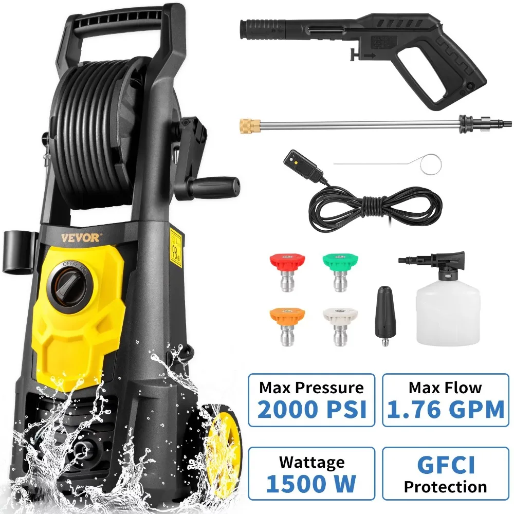 

Electric Pressure Washer, 2000 PSI, Max. 1.76 GPM Power Washer W/ 30 Ft Hose & Reel, 5 Quick Connect Nozzles, Foam Cannon