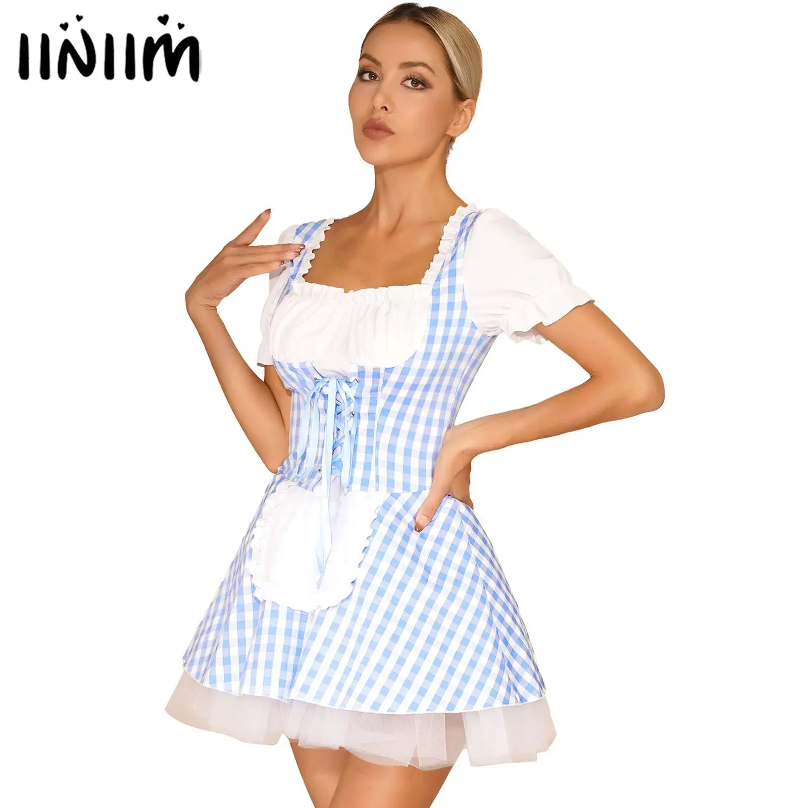 

Womens Maid Roleplay Outfit Halloween Miss Muffet Cosplay Dress Front Lace-Up Ruffle Apron Plaid Maid Dress Party Masquerade