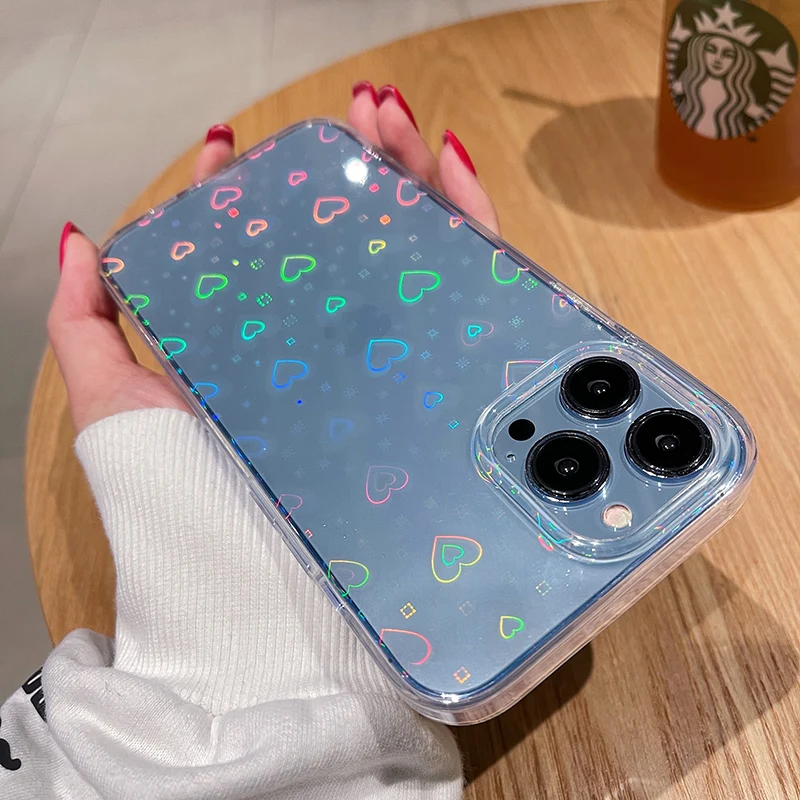 

Luxury Laser Love Heart Pattern Phone Case For iPhone 13 12 11 Pro Max X XS XR 7 8 Plus SE 2020 Transparent Shockproof Cover