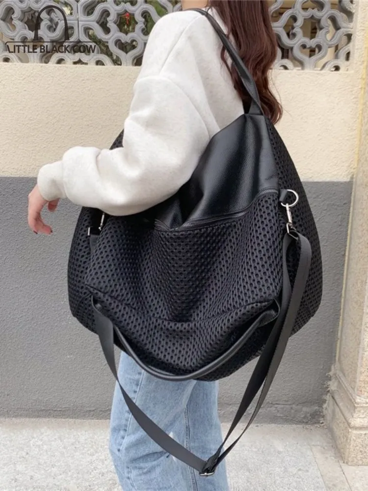 

Black Large Capacity Nylon Casual Tote Women Single Shopping Bag Patchwork Mesh Fashion Handbag Shoulder Messenger Bags Female