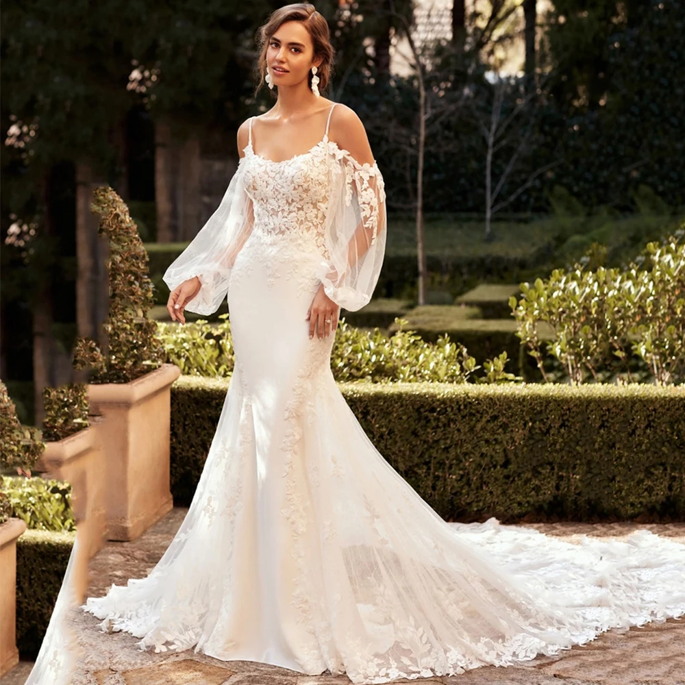 

Elegant Bride Gown Trumpet Dress Backless Wedding Dresses Tulle Vintage Lantern Sleeve Party Dress زوجة فستان الزفاف