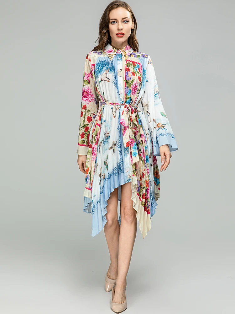 

MoaaYina Fashion Runway dress Spring Summer Women Dress Turn-down Collar Flare Sleeve Vintage Print Pleated Asymmetrical Dress