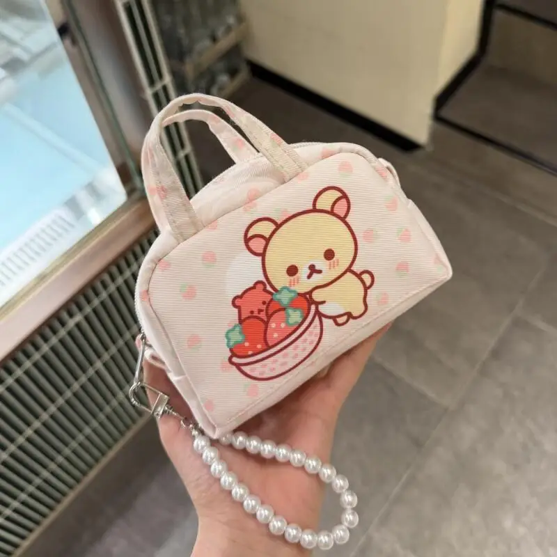 Фото Мультяшный кошелек-монетница Rilakkuma в горошек из оксфордской ткани с жемчужной цепочкой, мини-чехол для помады, подарок на день рождения другу №4