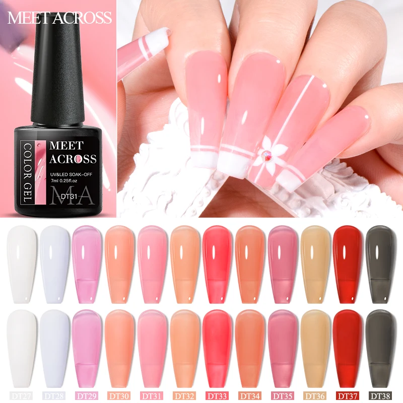 

MEET ACROSS 7ML Jelly Nude Gel Polish Translucent Pink Milky White Nail Gel Manicure UV LED Semi Permanent Soak Off Nail Polish